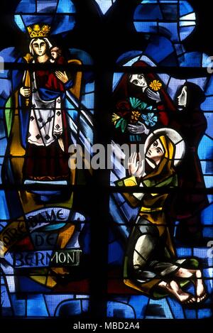 Details from the life of Joan of Arc. The vision of Joan.. Stained glass window in the Basilique du Bois- Chenu, at Domremy. 19th century. Stock Photo