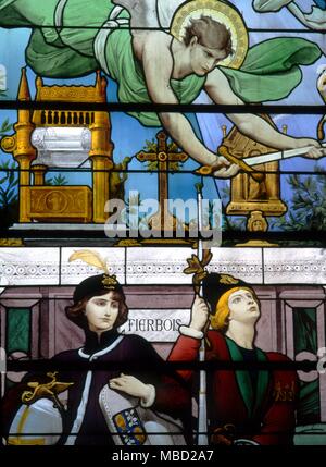 Details from the life of Joan of Arc. Stained glass window in the Basilique du Bois- Chenu, at Domremy. 19th century. Stock Photo