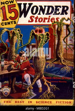 Monsters. Cover of Wonder Stories an American science fiction comic. Illustration by Paul. 1935 Stock Photo