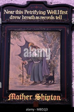 Knaresborough, Yorkshire. The Mother Shipton Inn sign on the pub named after her. Stock Photo