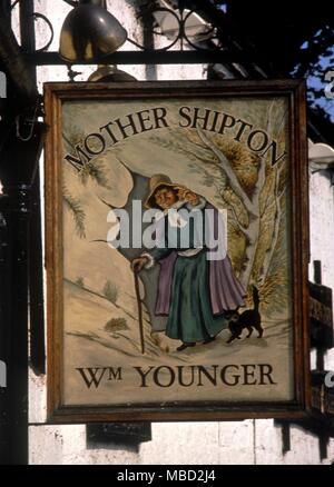 Knaresborough, Yorkshire. The Mother Shipton Inn sign on the pub named after her. Stock Photo