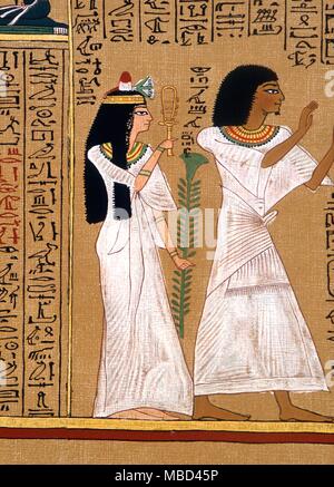 Egyptian mythology - The deceased Anhai in adoration. From Egyptian Book of the Dead (Papyrus of Anhai) in the Budge edition. The figure of a goddess (?) behind carries a sistrum. - © / Charles Walker Stock Photo