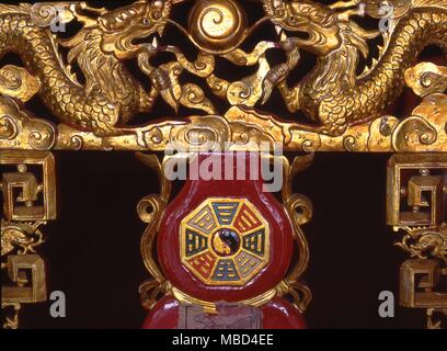 I Ching - Eight trigrams. The eight trigrams (Pa Qua) in the early Cosmic Arrangement. Part of the decoration on the back of an ornate Chinese dragon chair. Stock Photo