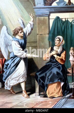 The angel delivers a letter from the King to Christiana. Lithographic illustration by Horace Castelli, for the 1860 edition of John Bunyan's The Pilgrim's Progress, and Other Works. Stock Photo