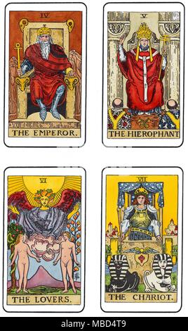 TAROT - 'RIDER WAITE' DECK OF PAMELA COLEMAN-SMITH Four cards, from the series of 22 cards in the Charles Walker Collection, of the so-called Rider Waite deck: The Emperor, The Hierophant, The Lovers and The Chariot. This particular deck, in the CW Collection, consists of a full set of hand-coloured card from the 1910 series designed by Pamela Coleman Smith, and claimed wrongly by Arthur Edward Waite to be 'his' design. Pamela Coleman Smith's abbreviated signature appears on each of the cards, which were used in the 1911 edition of, The Key to the Tarot, authored by Waite. The deck is w Stock Photo