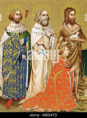 BRITISH HISTORY - RICHARD II OF ENGLAND - SAINTS The kneeling King Richard is backed by his patron saints. Arundel lithograph of the 19th century, based on the diptych in the National Gallery, London. Stock Photo