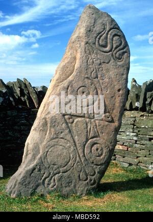 Pictish. Standing stone inscribed with Pictish symbols on the roadside near Aberlemno, Scotland. Stock Photo