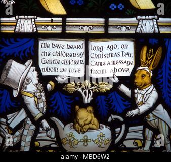 Myths - Daresbury - The Lewis Carroll memorial window at Daresbury Parish Church was designed by Geoffrey Webb, and dedicated in 1934. The Mad Hatter, the Dormouse and the March Hare. - We have heard the children say, Gentle children whom we love, Long ago, on Christmas Day, Came a message from above.