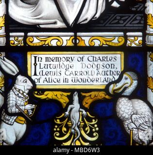 Alice in Wonderland - The White Rabbit, the Dodo and the Lizard. Detail from the Lewis Carroll memorial window at Daresbury. - In memory of Charles Lutwidge Dodgson Stock Photo