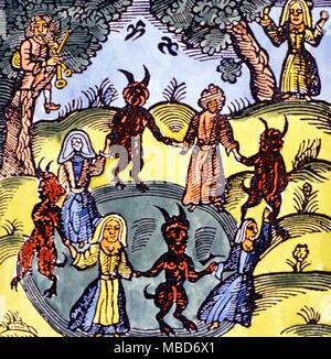 Sabbat around a magic circle - early 17th century woodcut illustrating a Sabbat with demons hand in hand with witches dancing around a magic circle to the sound of the bagpipe and song Stock Photo