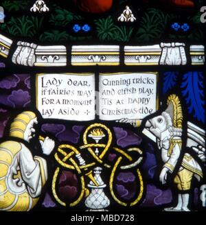 Myths - Daresbury - The Lewis Carroll memorial window at Daresbury Parish Church was designed by Geoffrey Webb, and dedicated in 1934. Caterpillar smoking his pipe - Lady dear if fairies may for a moment lay aside cunning tricks and elfish play 'tis at happy Christmas-tide