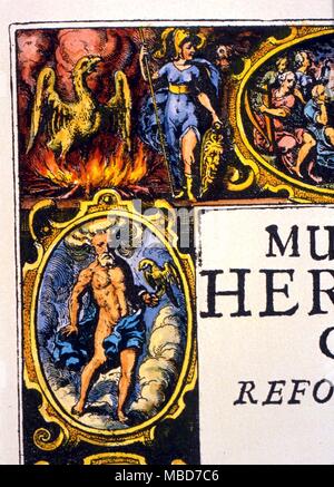 Alchemy - Phoenix & Emblem for Air - The Phoenix in its flames, alongside Athena, and above personification of Air. Detail from the 1625 titlepage engraving of 'Musaeum Hermeticum', which contained ten alchemical treatises, engraved by Matt. Merian. Stock Photo