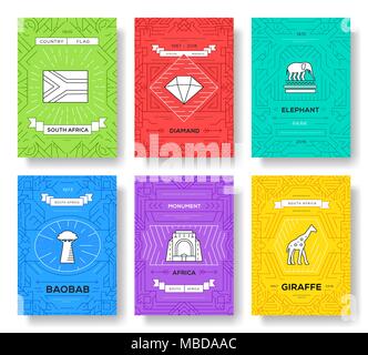 Country thin line brochure cards set. South Africa template of flyear, magazines, posters, book cover, banners. Elements outline invitation concept background. Layout quality modern pages Stock Vector