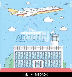 flat building airport with flying plane tour concept background.  Vector illustration for colorful template for you web and mobile applications. Thin lines style design Stock Vector