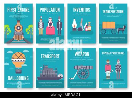 President Abraham Lincoln day with historical XIX century elements flat icon set. Vector people and traditional of USA object illustrations cover concept design. National culture traditions Stock Vector