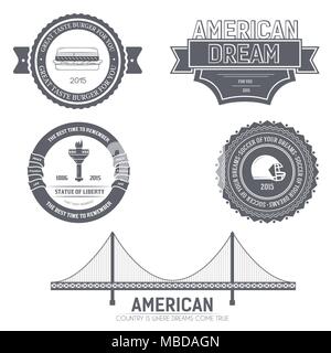 Country USA Country England label template of emblem element for your product or design, web and mobile applications with text. Vector illustration with thin lines isolated icons on stamp symbol Stock Vector