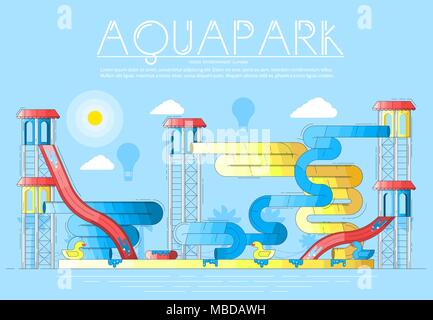 Different colored bright waterslides and garrets in aquapark. Layout modern vector background illustration design concept Stock Vector