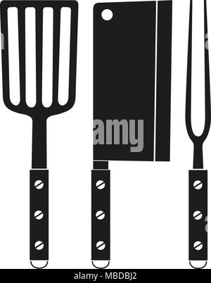 Black and white bbq cutlery silhouette set. Fork spatula knife wooden handle. Cooking vector illustration for gift card certificate sticker, badge, si Stock Vector