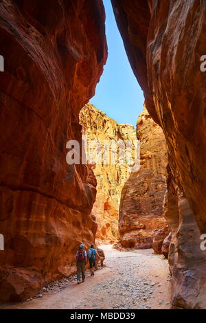 The Siq - narrow gorge canyon leads into the ancient city of Petra, Jordan Stock Photo