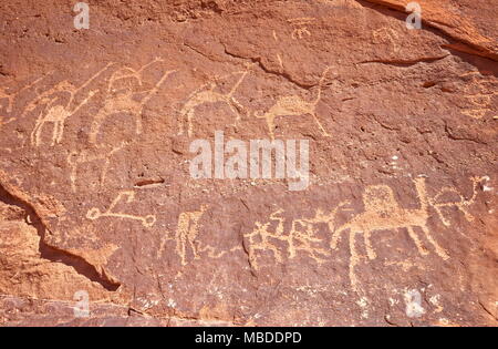 Petroglyphs camel figures paintings on stone wall, Wadi Rum Desert, Jordan Stock Photo