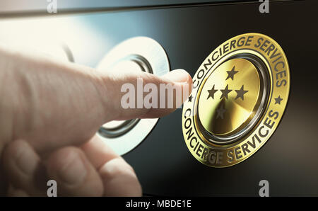 Man contacting concierge service by pushing a golden button. Composite image between a hand photography and a 3D background. Stock Photo