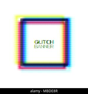 Abstract glitch texture square frame. Geometric style art. Distorted modern rectangle background with glitch effect. Broken glitched sign concept of rgb cmyk colors channel. Color vector illustration. Stock Vector