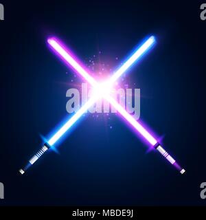 Purple violet and blue crossed light neon swords with trembling blades fight. Laser sabers war on dark blue background. Glowing rays in space. Battle elements with star. Colorful vector illustration. Stock Vector