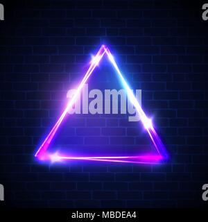 Night club neon light border on brick wall. Triangle background. Glowing electric abstract frame on dark backdrop. Neon sign banner with glow. Bright vector illustration with lights flares and sparkle Stock Vector