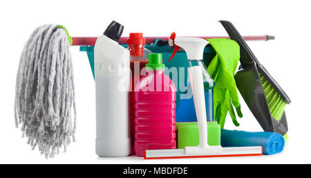 Cleaning supplies on white background Stock Photo
