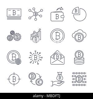 Set of line stroke vector bitcoin and cryptocurrency icons. Mining, coin, pickaxe, gold, money, exchange. Icons set for apps, programs, sites and other. Editable Stroke. Stock Vector