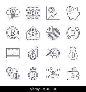 Cryptocurrency Line Icons Set. Vector Collection of Thin Outline Bitcoin Finance Symbols. Editable Stroke. Stock Vector