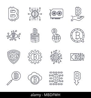 Set of vector bitcoin line icons. Investments, payments and exchange, internet banking, wallet, bundle of money, hand with a coin and more. Editable Stroke. Stock Vector