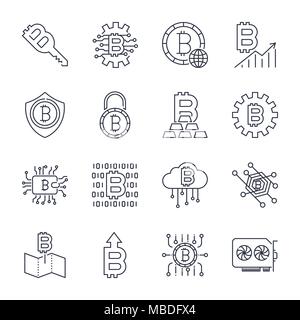 Set of Thin Line Stroke Vector Bitcoin and Cryptocurrency Icons. Stock Vector