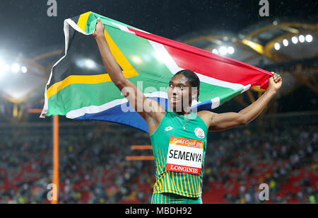 South Africa's Caster Semenya celebrates winning gold in the Women's 1500m Final at the Carrara Stadium during day six of the 2018 Commonwealth Games in the Gold Coast, Australia. Stock Photo