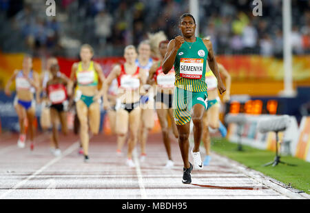 South Africa's Caster Semenya on her way to winning gold in the Women's 1500m Final at the Carrara Stadium during day six of the 2018 Commonwealth Games in the Gold Coast, Australia. Stock Photo