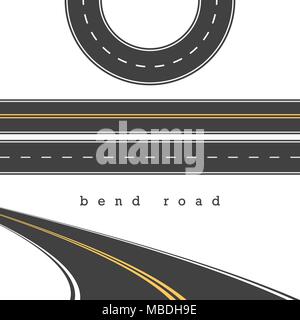 Bend Road, Straight and Curved Roads Vector Set, Road Junction. Vector Illustration. White and Yellow Road Marking Stock Vector