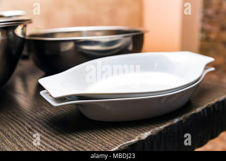 White clean bowls in kitchen Stock Photo