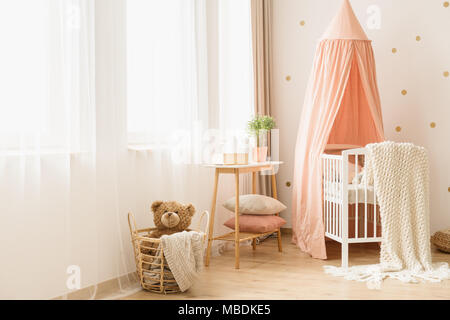 Plush toy in basket near a white crib with pastel canopy in cozy baby's bedroom interior Stock Photo