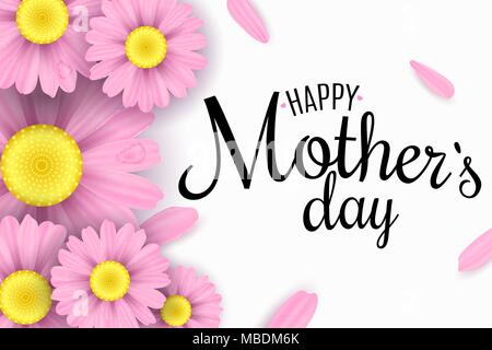 Happy Mother's Day. Greeting card. Pink chamomile flowers in a white frame on a white background. Black text. Template for your design. Romantic love  Stock Vector