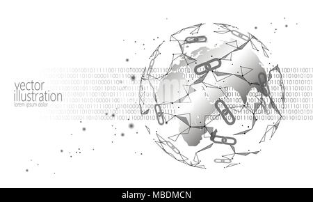 Global international blockchain cryptocurrency. Planet space low poly modern future technology finance banking design. Polygonal polygon triangle chain. Web security business vector illustration Stock Vector