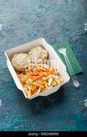 Take away of fitness meal. Steam cutlets from chicken and zucchini with vegetable salad. Weight loss nutrition in paper boxes. Top view Stock Photo