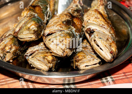 Close up Fried Mackerel on dish. Stock Photo