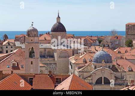 view of clock tower, cathedral and St. Blaise´s Church from the town wall, old town, Dubrovnik, Croatia Stock Photo
