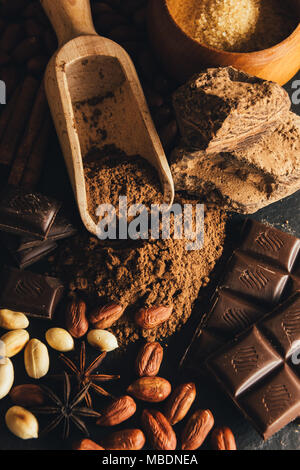 Cocoa powder, chocolate, nuts and spices Stock Photo