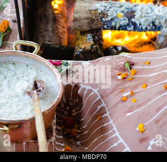 fire ceremony with offers of only vegetable origin during Guru Purnima Stock Photo