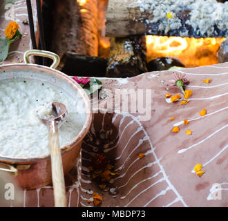 fire ceremony with offers of only vegetable origin during Guru Purnima Stock Photo