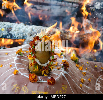 fire ceremony with offers of only vegetable origin during Guru Purnima Stock Photo