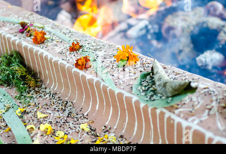 fire ceremony with offers of only vegetable origin during Guru Purnima Stock Photo