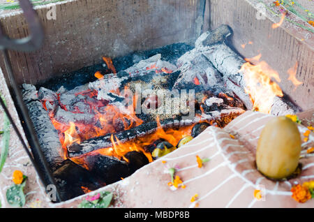 fire ceremony with offers of only vegetable origin during Guru Purnima Stock Photo