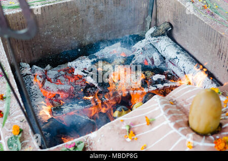 fire ceremony with offers of only vegetable origin during Guru Purnima Stock Photo